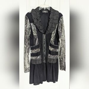 Womens (L) Black&Gray Front-Zip Cardigan w/Ruched V-Neck Collar & Sheer Sleeves